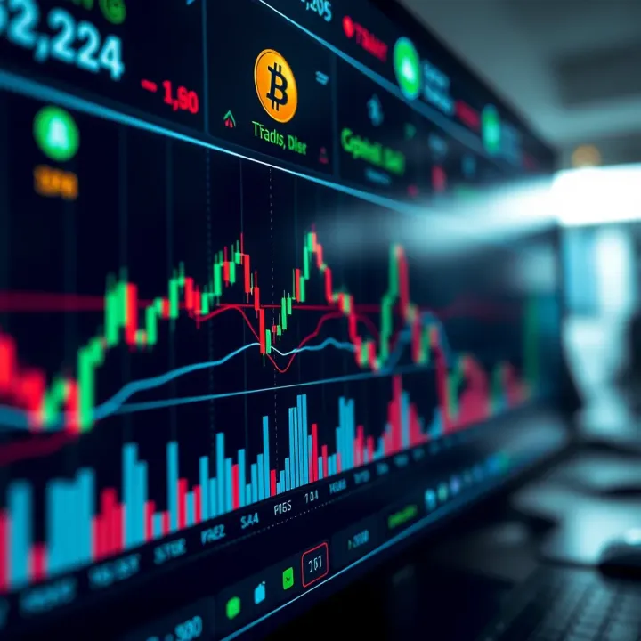 Digital interface showing various cryptocurrency icons and trading charts
