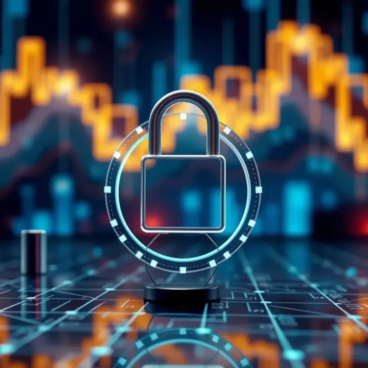Secure digital lock symbol over abstract blockchain network background