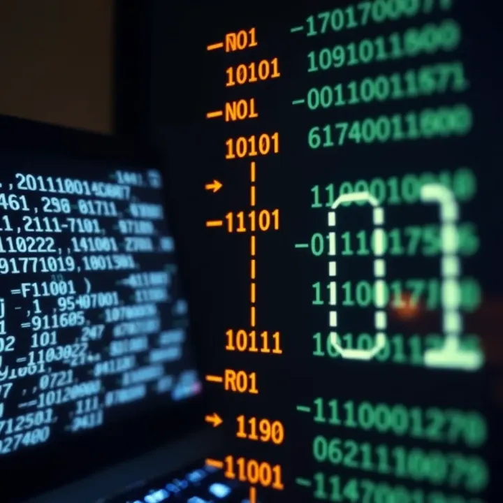 Mapping Binary Digits to ASCII Text Symbols Visualization of binary digits mapped to corresponding ASCII text symbols in a computing environment