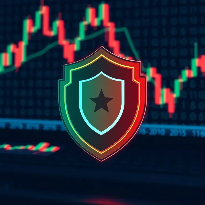 Safety shield icon with financial charts and binary code background