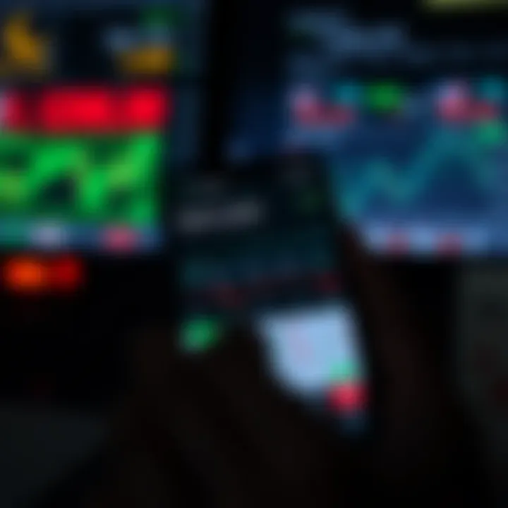 Mobile phone displaying various trading app interfaces with charts and investment options visible on screen