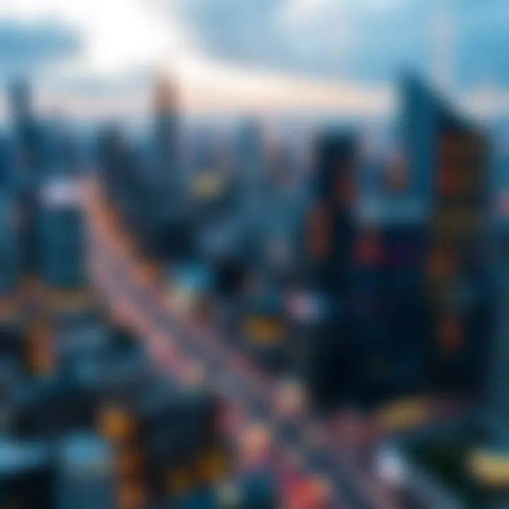 Conceptual representation of binary code overlaying a city skyline symbolizing technology growth