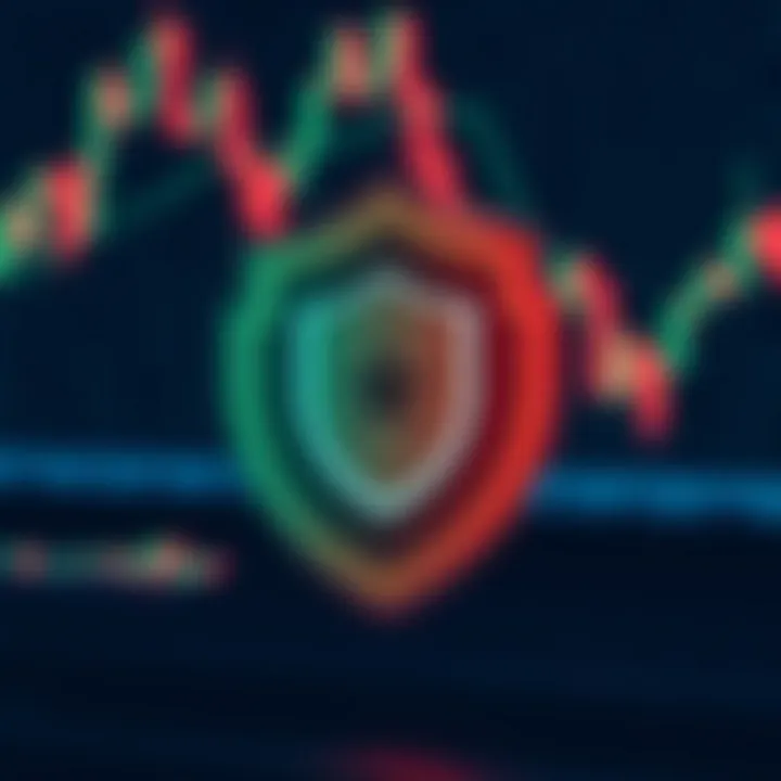 Safety shield icon with financial charts and binary code background