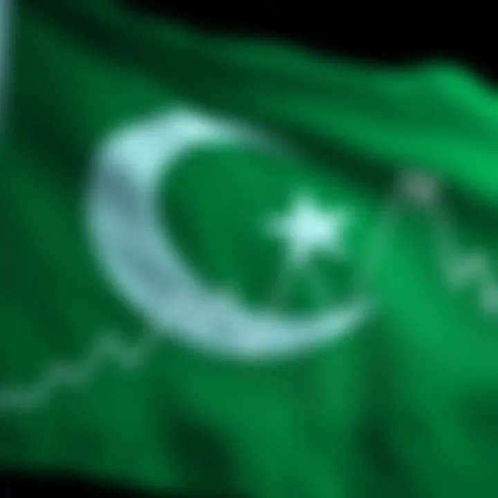 Graph illustrating rising and falling trends in binary options trading with Pakistan flag in background