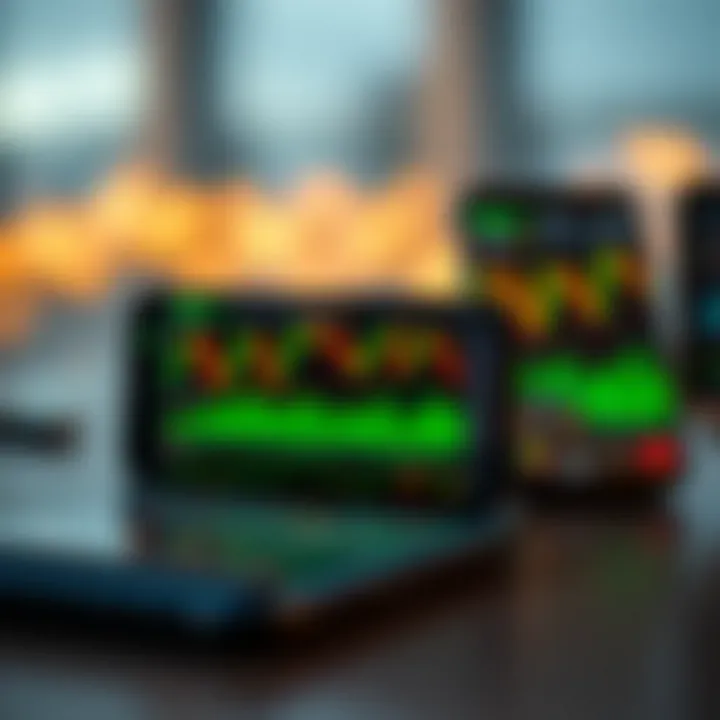 Mobile phone displaying various cryptocurrency trading charts and graphs