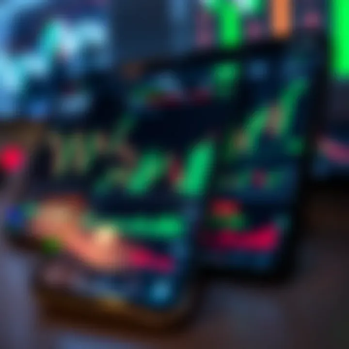 Mobile device displaying various stock market charts and analysis tools for online trading