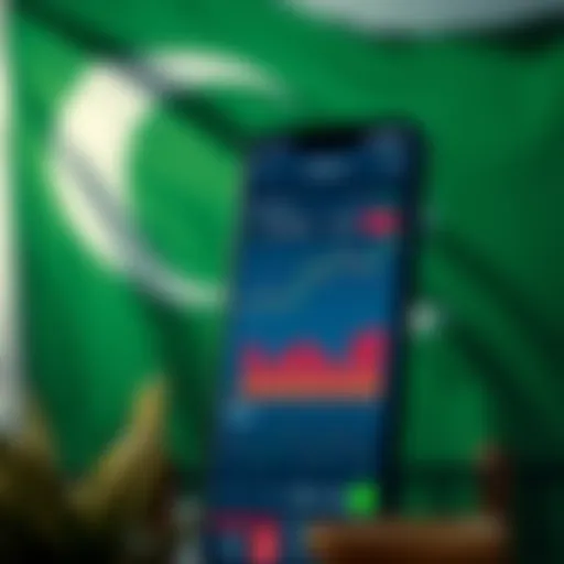 Mobile device displaying stock trading charts and graphs with Pakistani flag in background