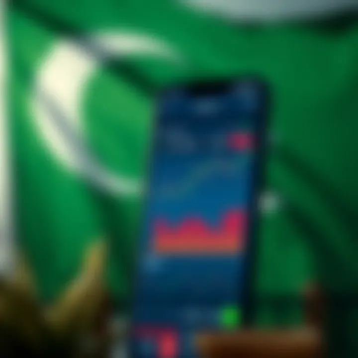 Mobile device displaying stock trading charts and graphs with Pakistani flag in background