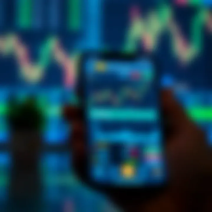 Interface of a trading application displaying charts and market data on a smartphone screen
