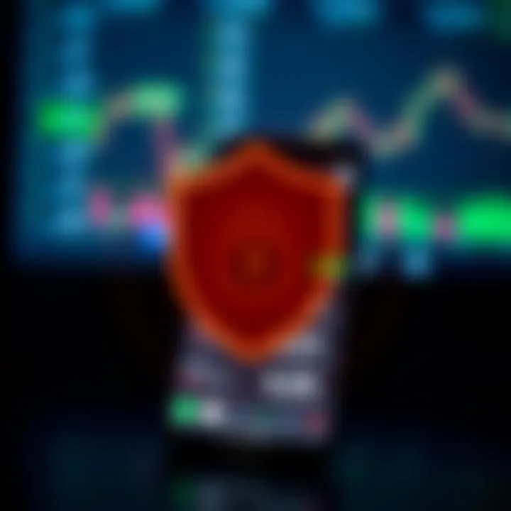 Security shield icon overlay on a smartphone screen showing a trading app