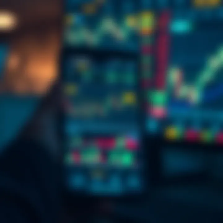 Mobile device displaying various stock market charts and indicators