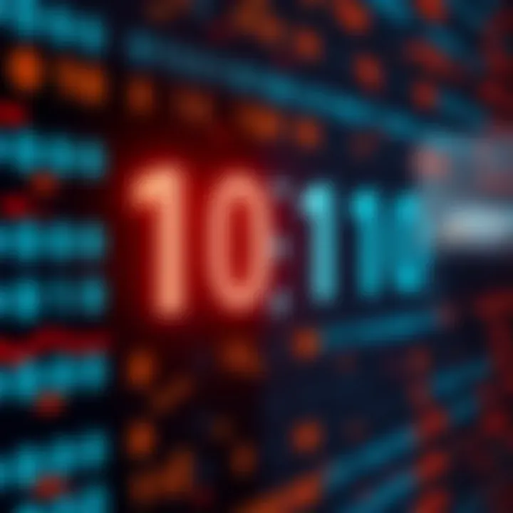 Visual representation of converting a large decimal number to binary code with binary digits flowing across a digital interface