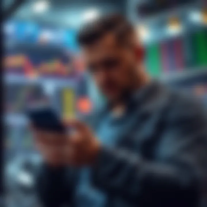 Illustration of a trader using a mobile device to practice forex trading in a risk-free environment