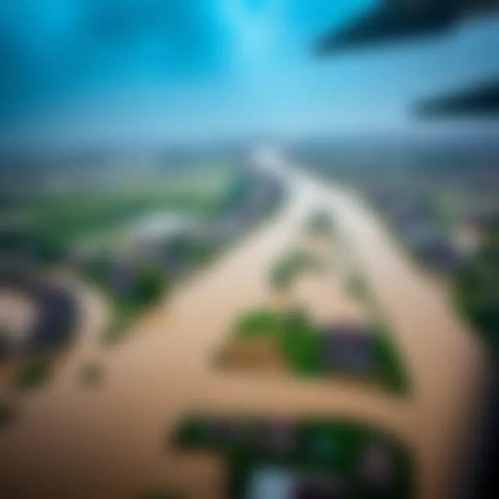 Aerial view of flood-affected areas with submerged houses and roads