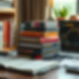 Collection of essential cryptocurrency trading books stacked on a desk with a laptop and notes