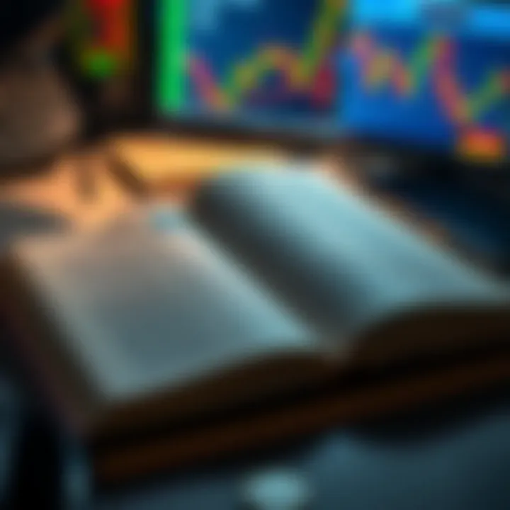 Open Urdu forex trading book with charts and currency symbols on desk