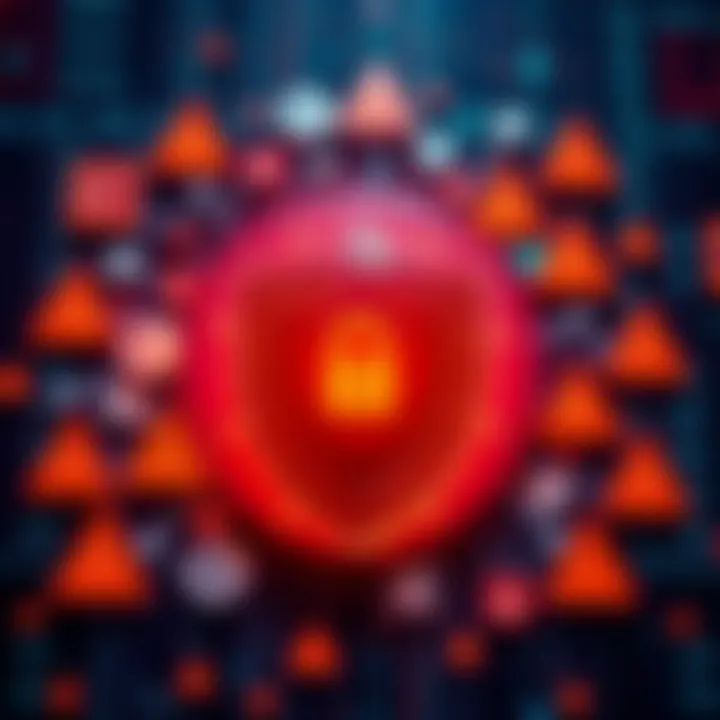 Graphic showing a shield protecting against digital threats surrounded by currency icons and warning signs