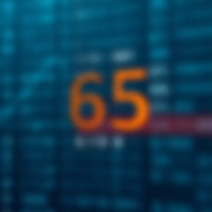 Diagram showing binary place values with highlighted positions indicating the representation of sixty-five