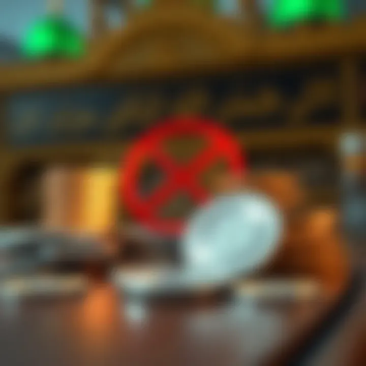 Visual representation of Shariah law principles highlighting prohibition symbols alongside digital currency icons
