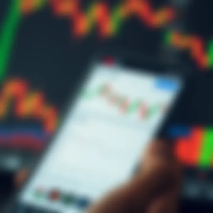 Mobile phone displaying a forex trading app interface with charts and currency pairs