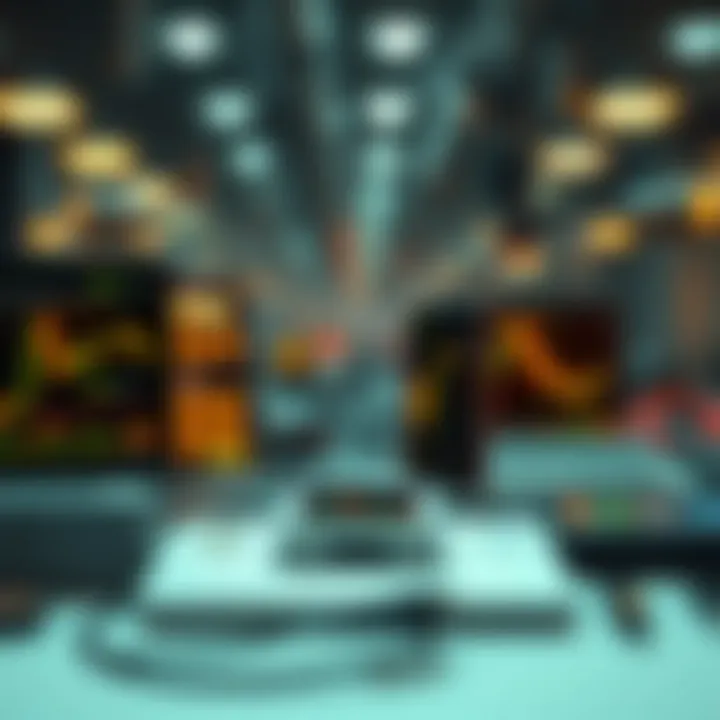 Illustration of various digital devices connected and exchanging data through binary translation