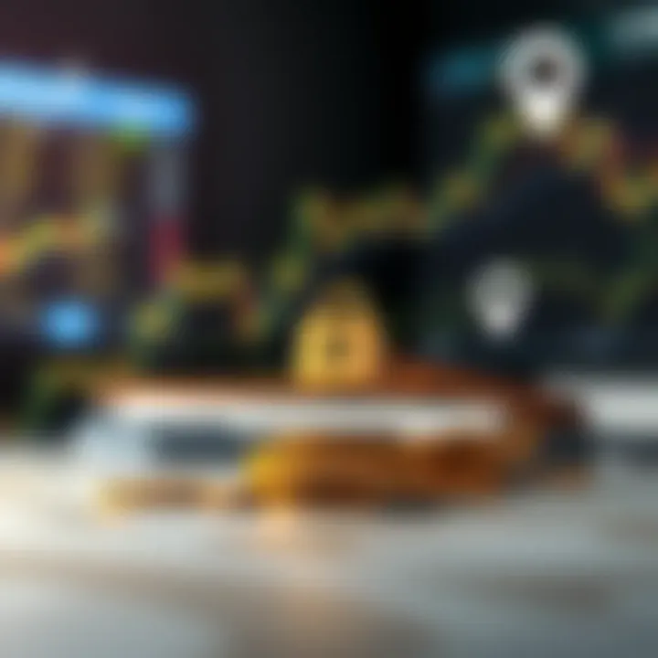 Conceptual illustration of secure crypto trading with legal and security icons overlay