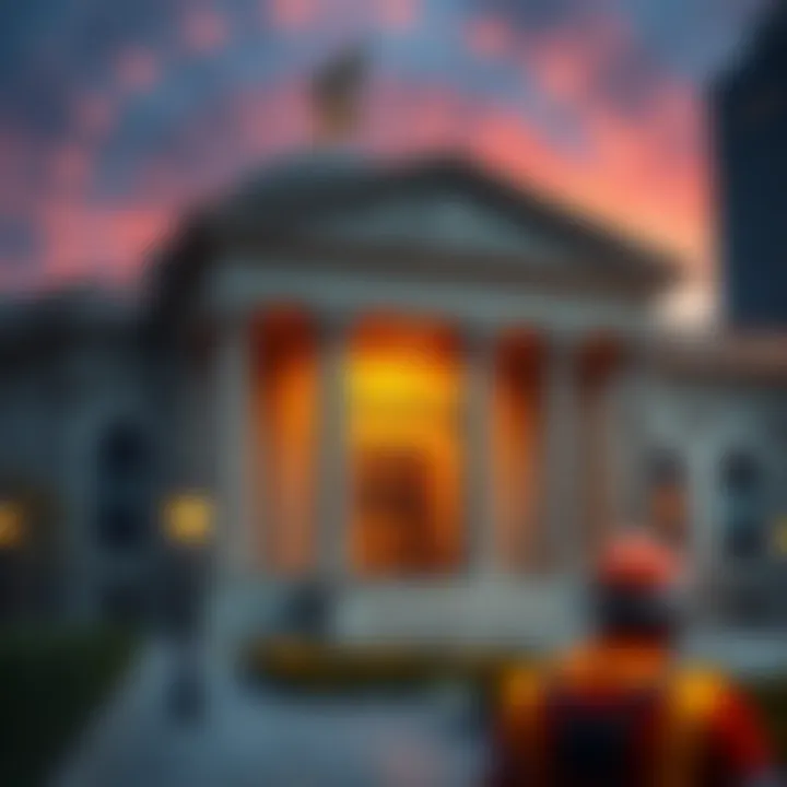 Illustration of central bank building with currency symbols and global political event icons