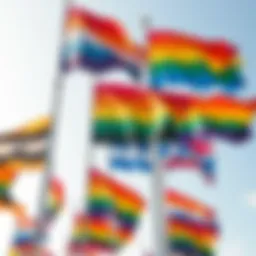 Colorful flags representing diverse gender identities flying against a clear sky