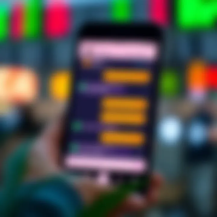 Illustration of a smartphone displaying a forex trading chat interface with various currency exchange symbols
