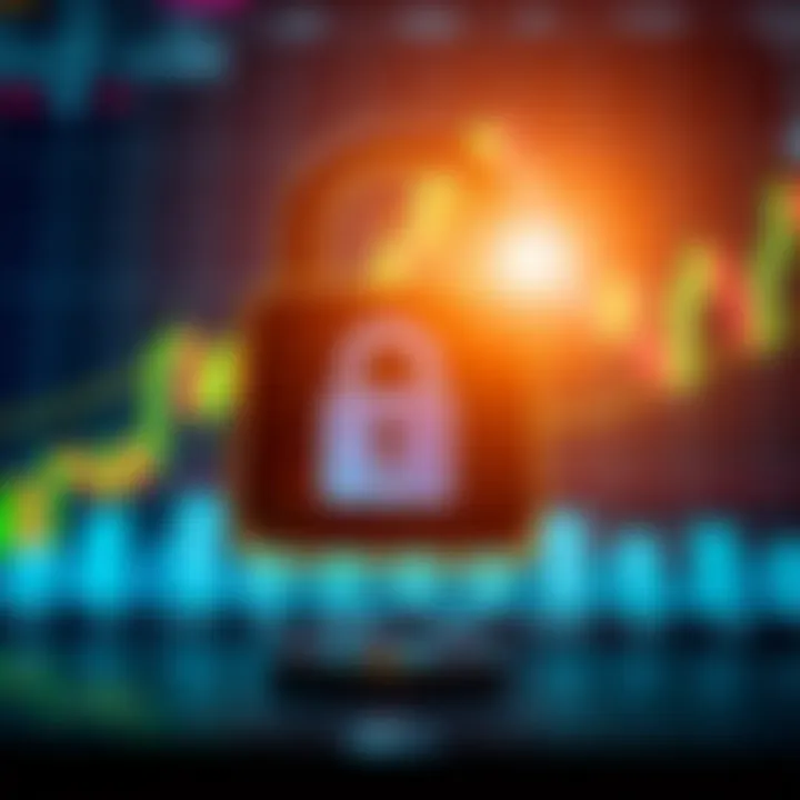 Secure digital padlock icon overlaid on a financial app screen symbolizing online trading security
