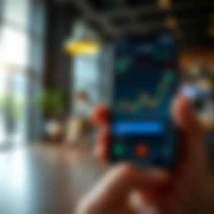 Smartphone displaying a trading app interface with stock charts and market data in a modern setting