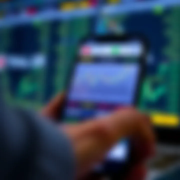 Mobile device screen displaying a stock trading simulation with charts and virtual currency balances