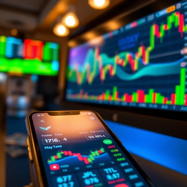 Mobile phone displaying forex trading app interface with charts and currency pairs