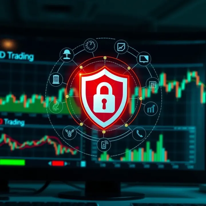 Ensuring Security in Trading Applications Secure trading environment with digital security icons and financial graphs