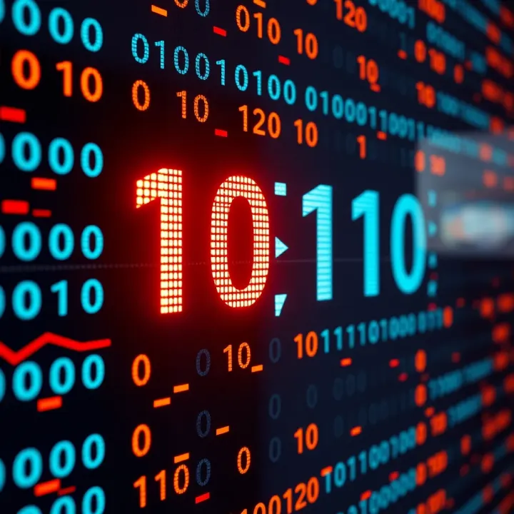 Visual representation of converting a large decimal number to binary code with binary digits flowing across a digital interface