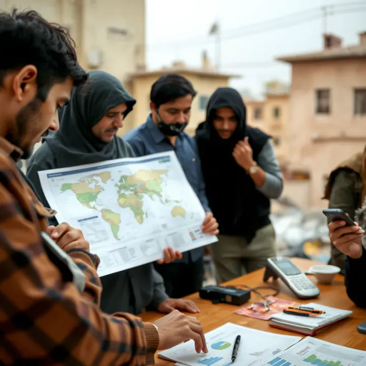 Community members participating in a disaster preparedness workshop with maps and communication devices