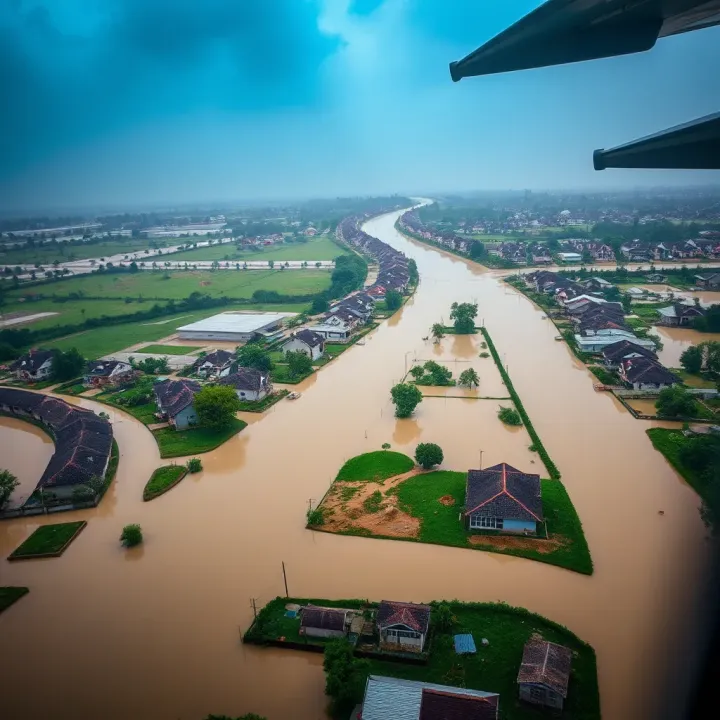 Aerial view of flood-affected areas with submerged houses and roads