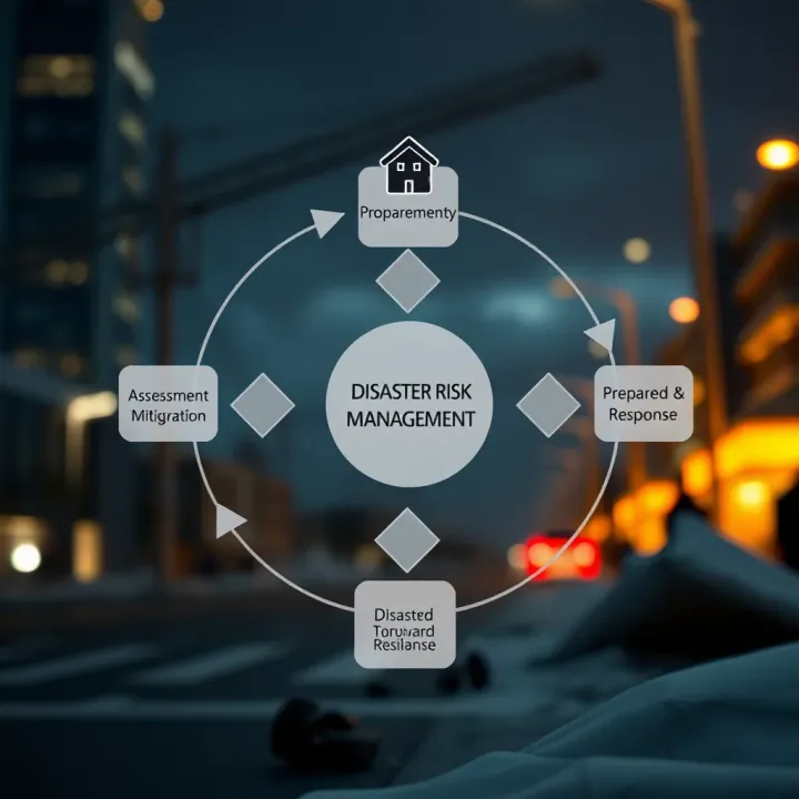 Diagram showing different phases of disaster risk management including assessment, mitigation, preparedness, response, and recovery
