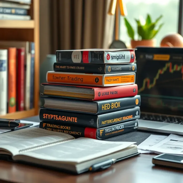 Collection of essential cryptocurrency trading books stacked on a desk with a laptop and notes