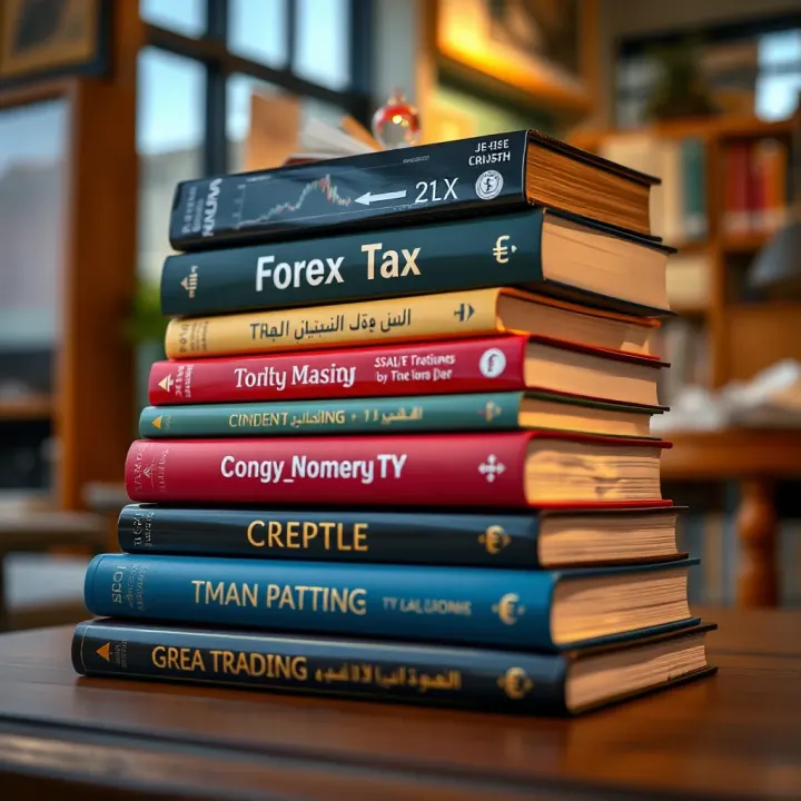 Stack of essential forex trading books with charts and currency symbols on the cover