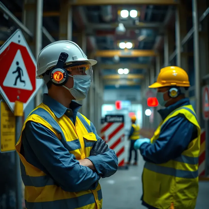 Construction site safety measures with warning signs and protective gear