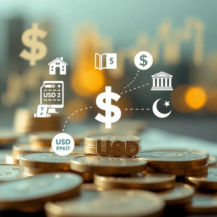 Illustration of factors influencing currency exchange rates with icons representing economy, politics, and market