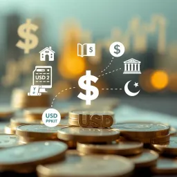Key Influences on USD to PKR Currency Movement Illustration of factors influencing currency exchange rates with icons representing economy, politics, and market