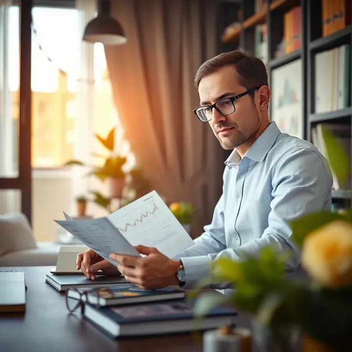 Illustration of a forex trader studying charts and notes with a laptop in a home office