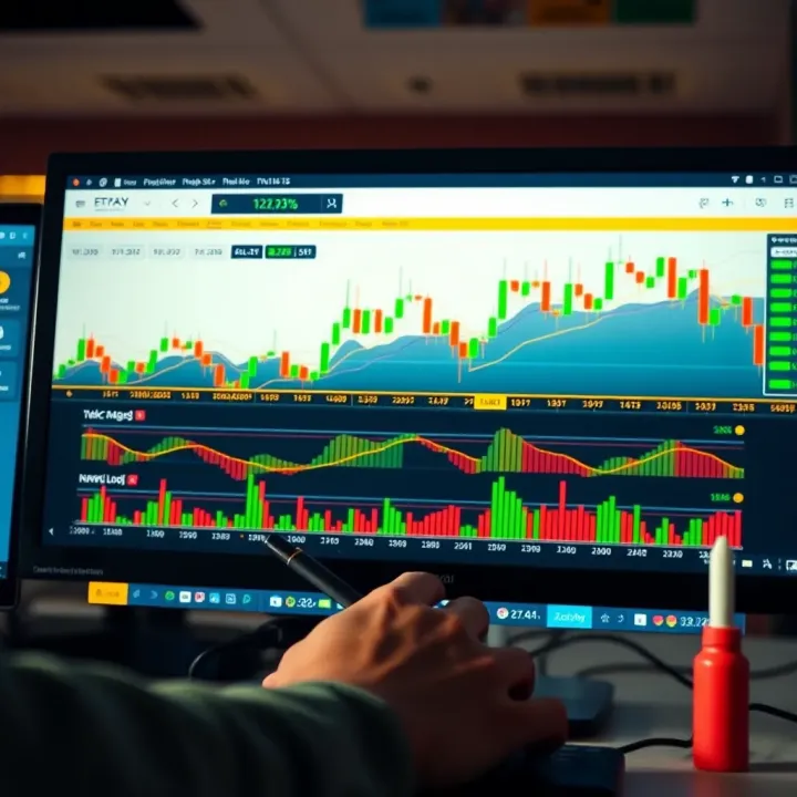Illustration of a computer screen displaying a forex trading platform with candlestick charts and trading tools