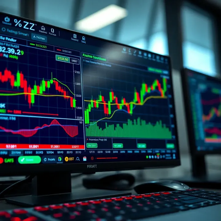 Forex trading platform showing simulated currency charts and trade options