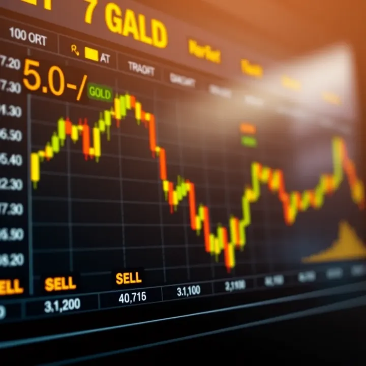 Illustration of a digital dashboard showing buy and sell alerts for gold investment