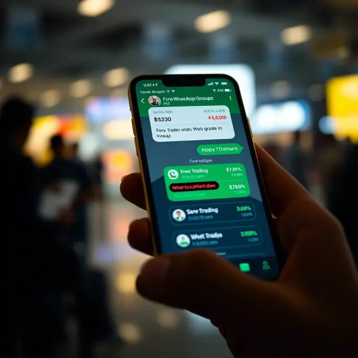 Forex Trading Discussions in WhatsApp Groups Mobile phone displaying a WhatsApp chat with forex trading discussions and currency exchange data