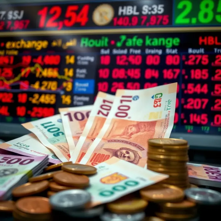 Currency notes and coins with a digital display of exchange rates