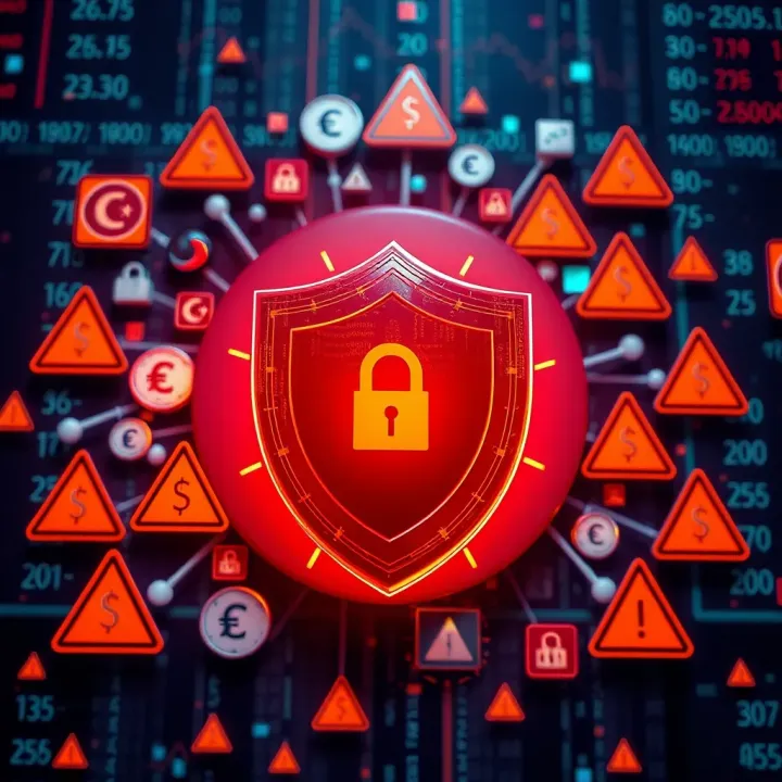 Security Measures and Risk Awareness in Forex Trading Groups Graphic showing a shield protecting against digital threats surrounded by currency icons and warning signs
